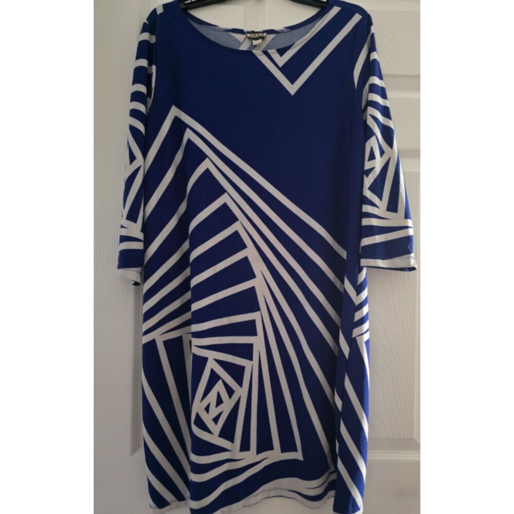 HAANI Royal Blue White Optical Geometric Spiral Shift Dress 3/4 Sleeve Women XL